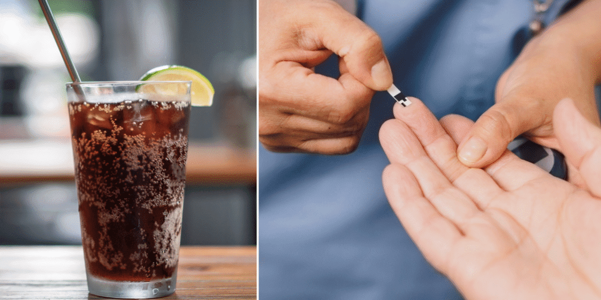 Fizzy cola drink with a wedge of lime and a straw medic testing patient s blood