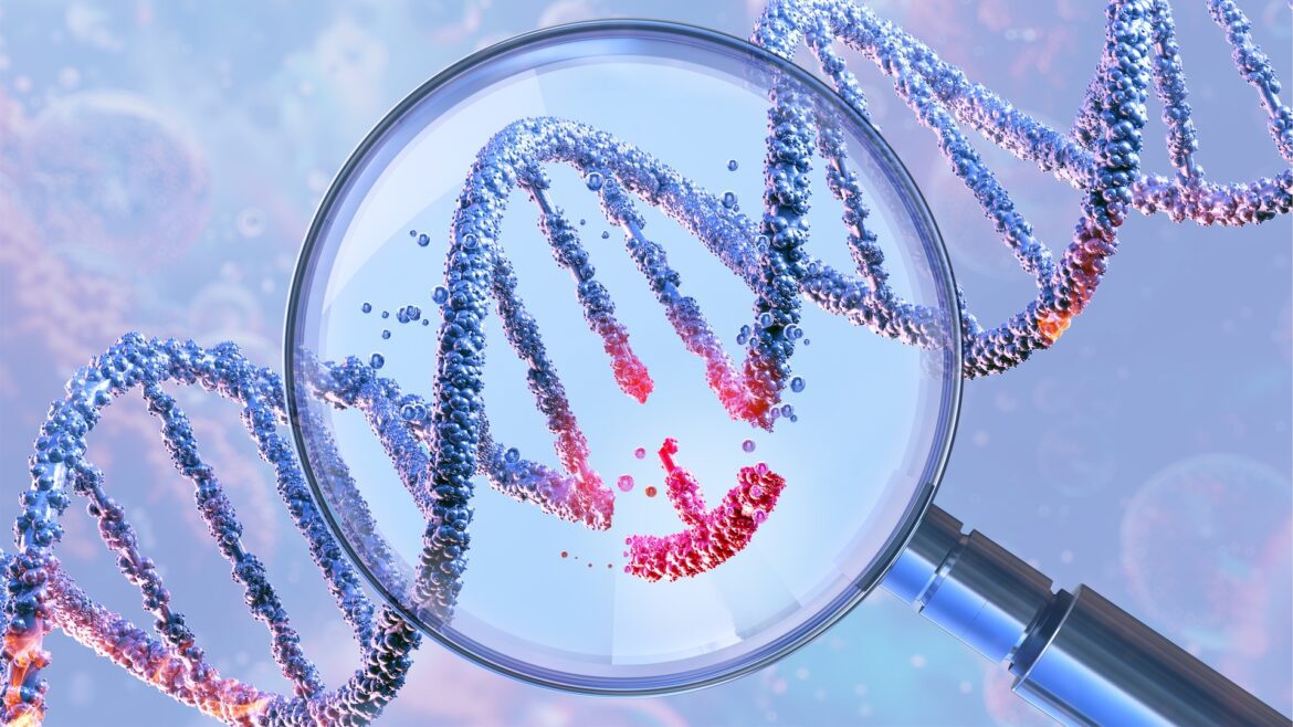 Dna double helix under a magnifying glass, symbolizing genetic engineering and gene manipulation.