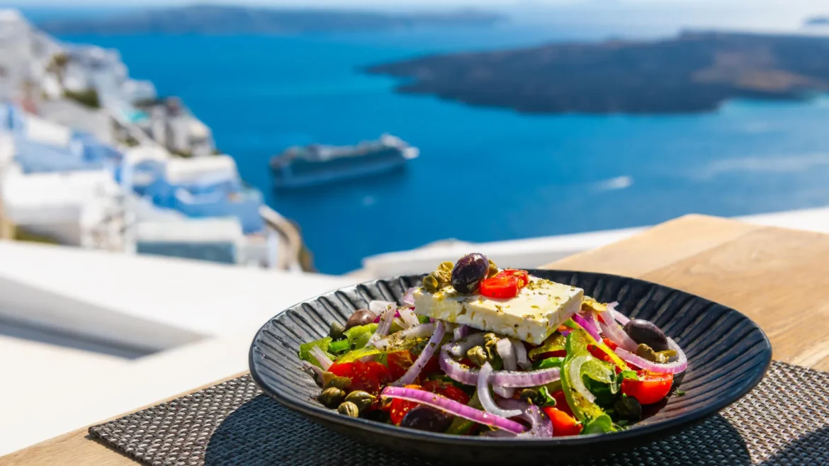 Greek salad and olive oil mediterranean diet santorini